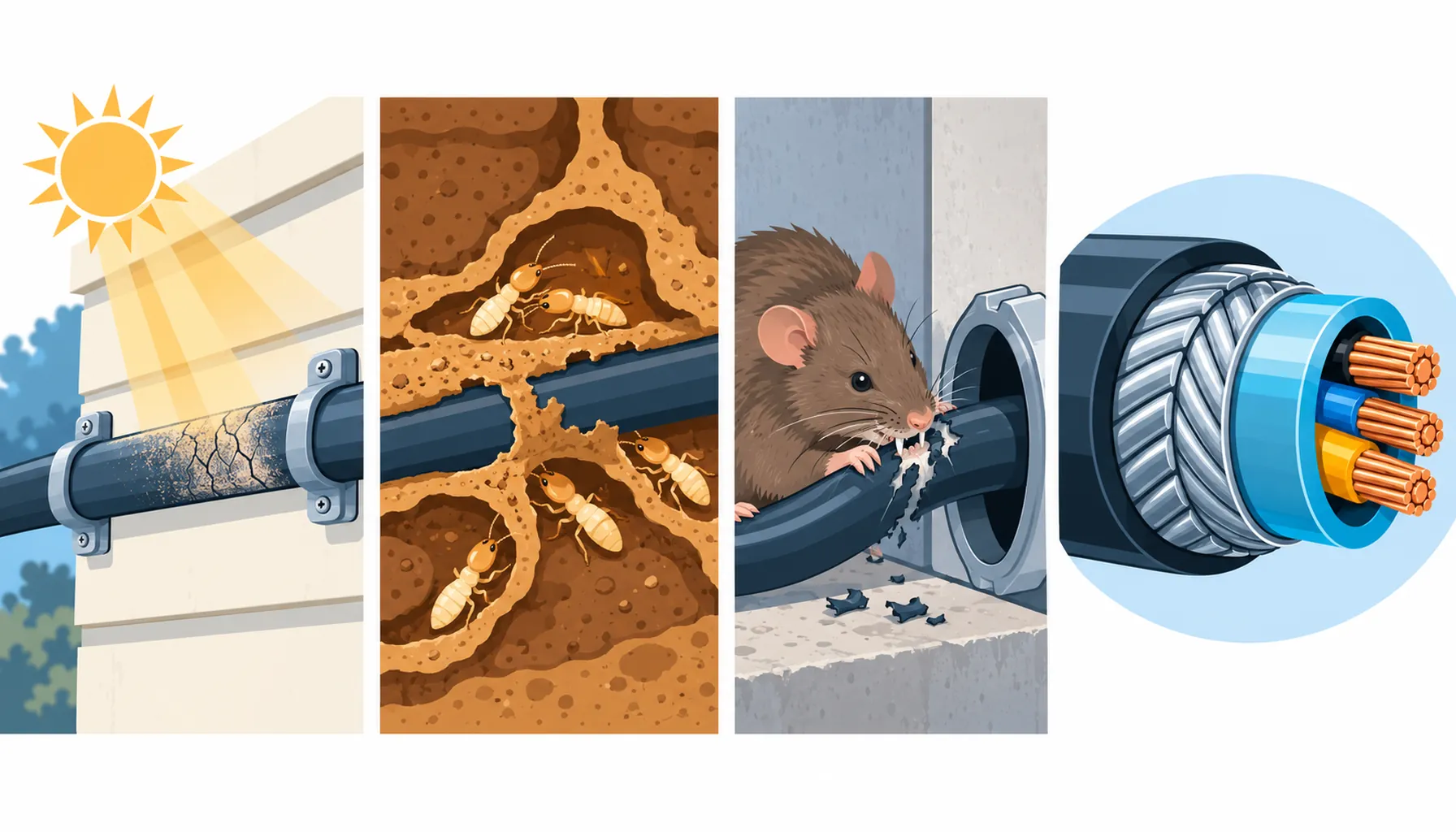 Flat infographic of UV, termite and rodent threats to an exposed cable with the armour and barrier that answer each