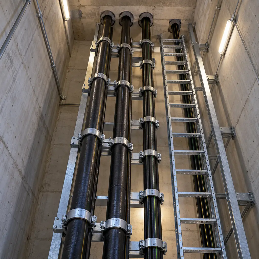 A vertical cable riser shaft in a data center building, with large armoured cables clamped to a steel support frame at regular intervals beside ladder tray