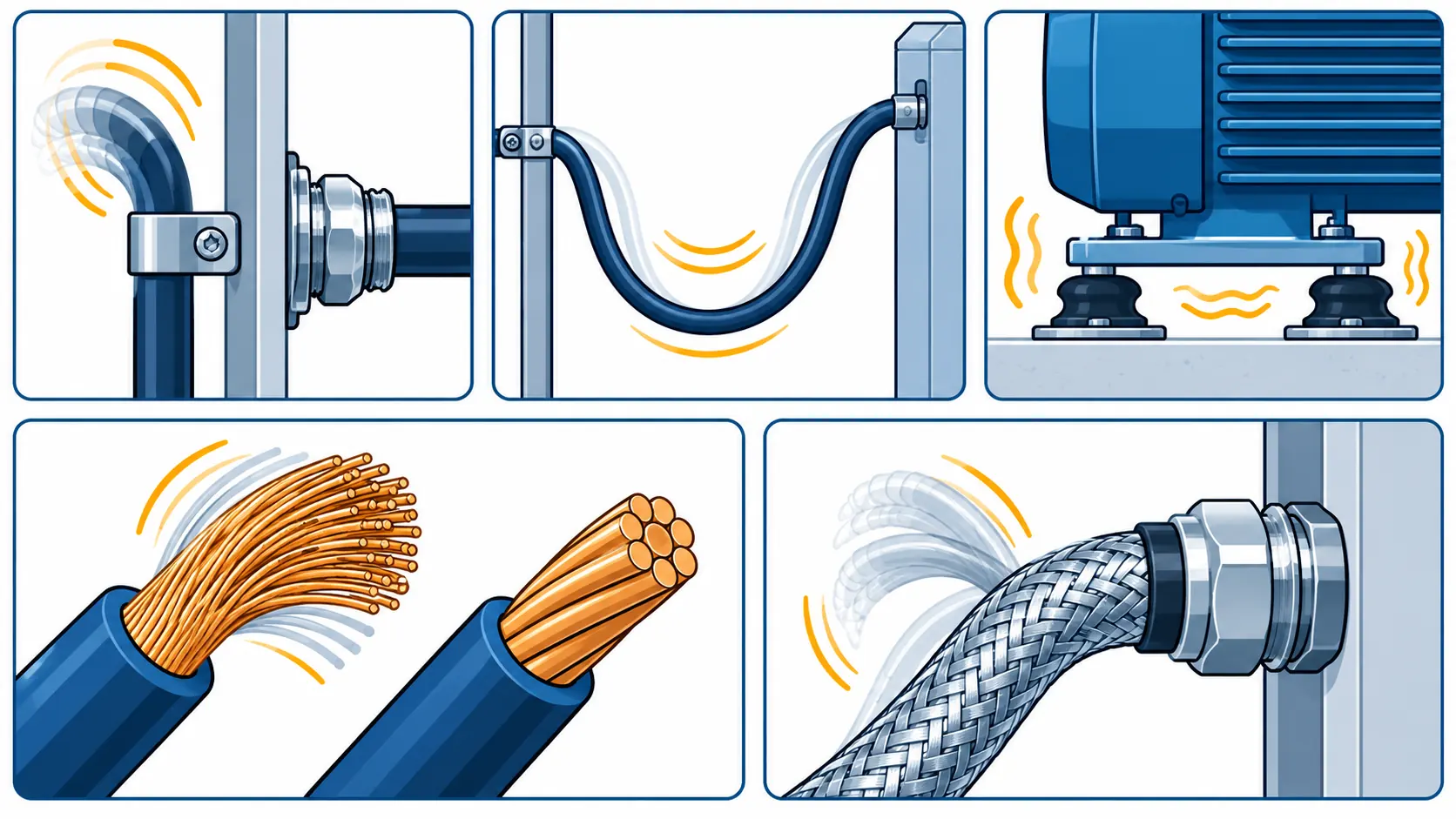Flat infographic of vibration measures for cable: restraint and cleat spacing, a flexible tail at a machine, damping mounts, flexible stranding and screen construction
