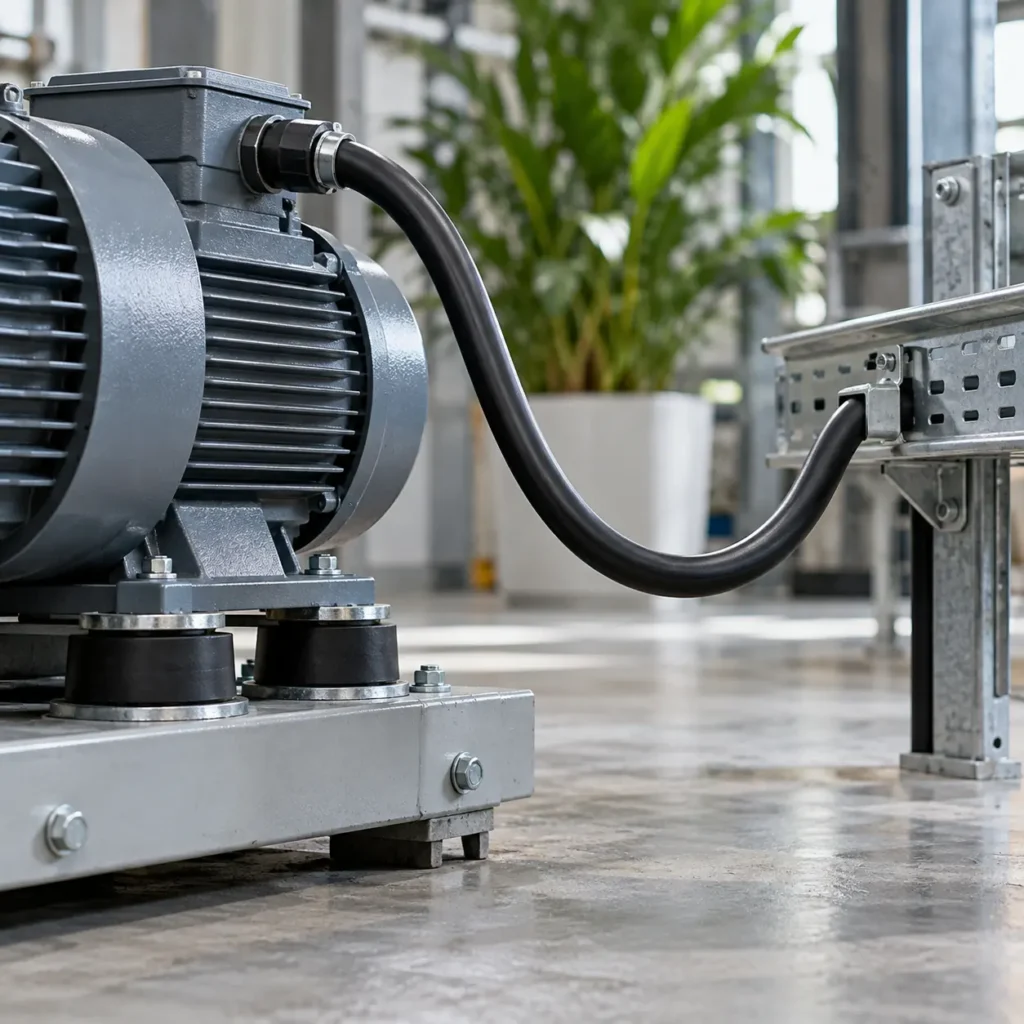 A flexible cable loop connecting a running machine to a fixed tray, with an anti-vibration mount under the machine and a close-up of strands at a termination, plant blurred behind, no readable text, no labels