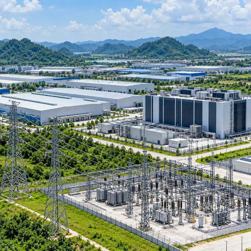 Industrial park in northern Vietnam with new data center construction and power lines