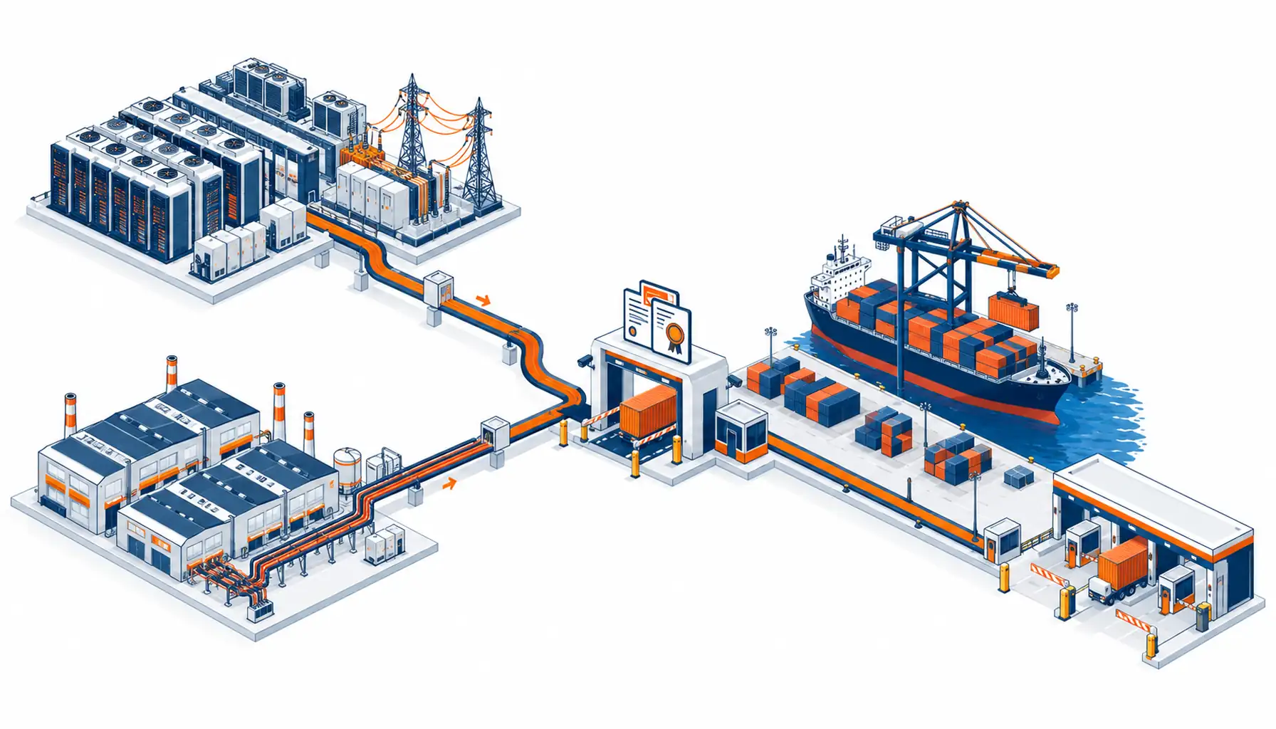 Isometric illustration of two demand engines feeding one import gate: a data hall and factory park lines converging at a certification checkpoint