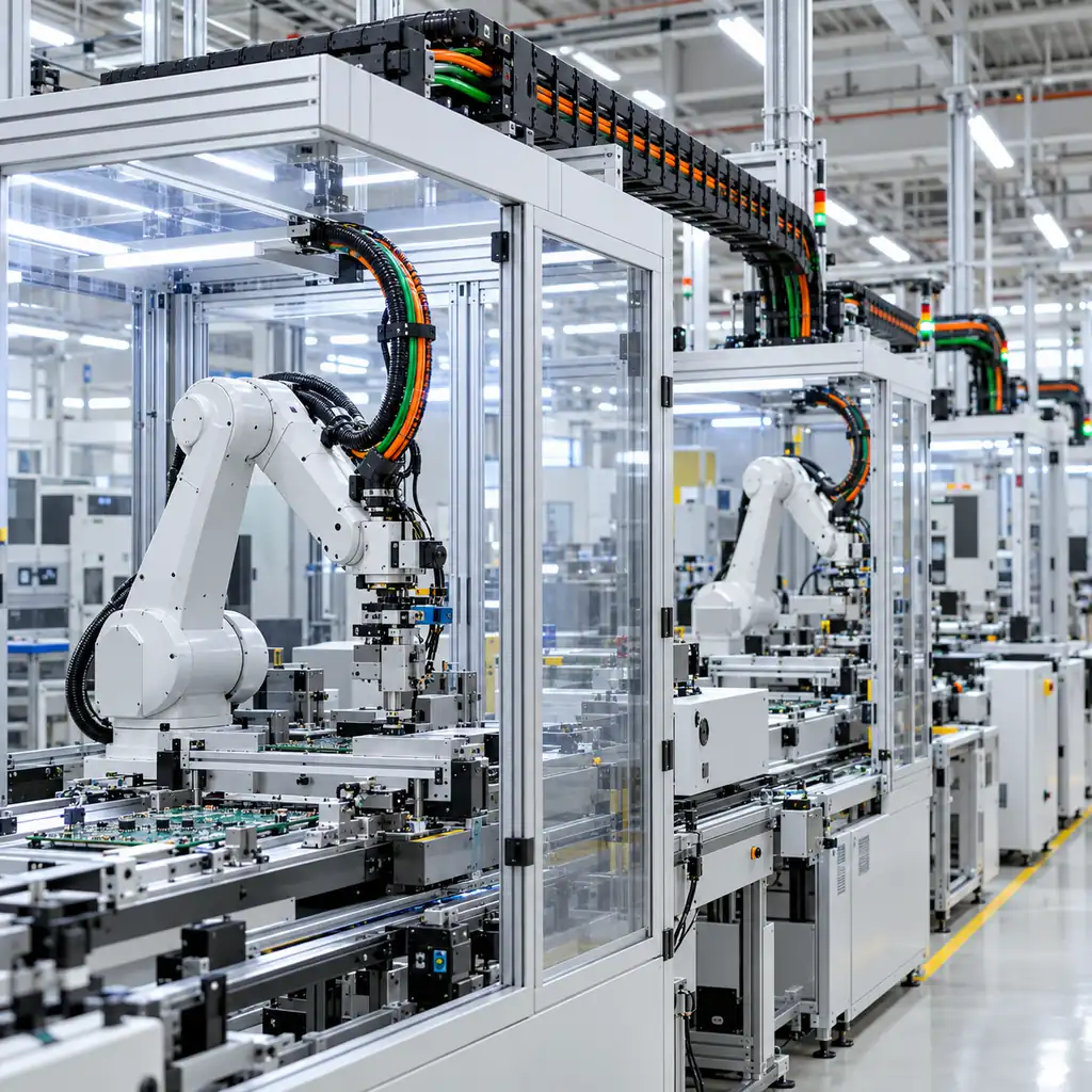 An electronics assembly plant in Southeast Asia with robot cells along a production line and flexible cable routed in carriers between the machines