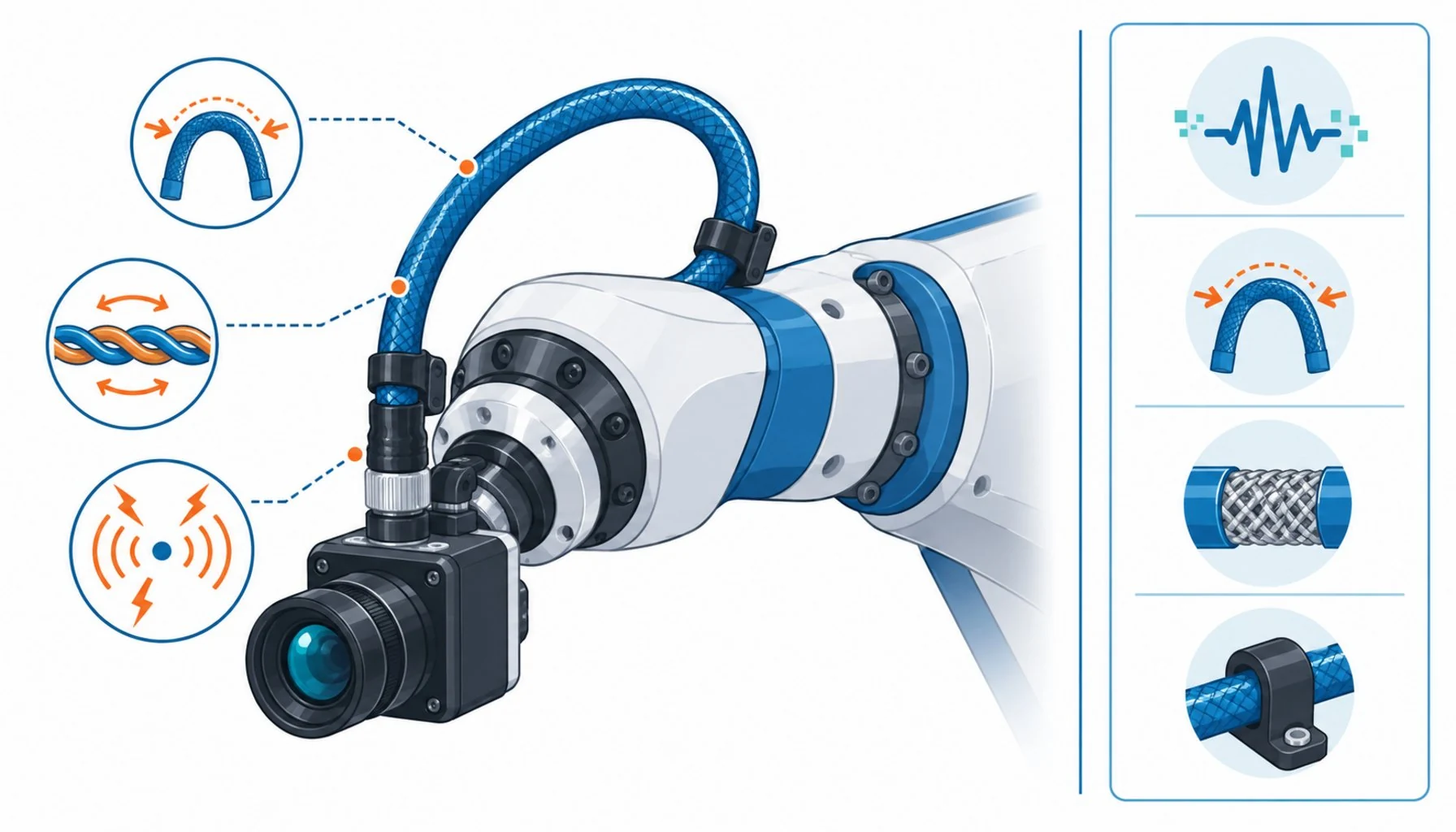 Flat infographic of a camera on a moving arm with a signal path icon showing frame drops from flexing, radius and EMI hazards