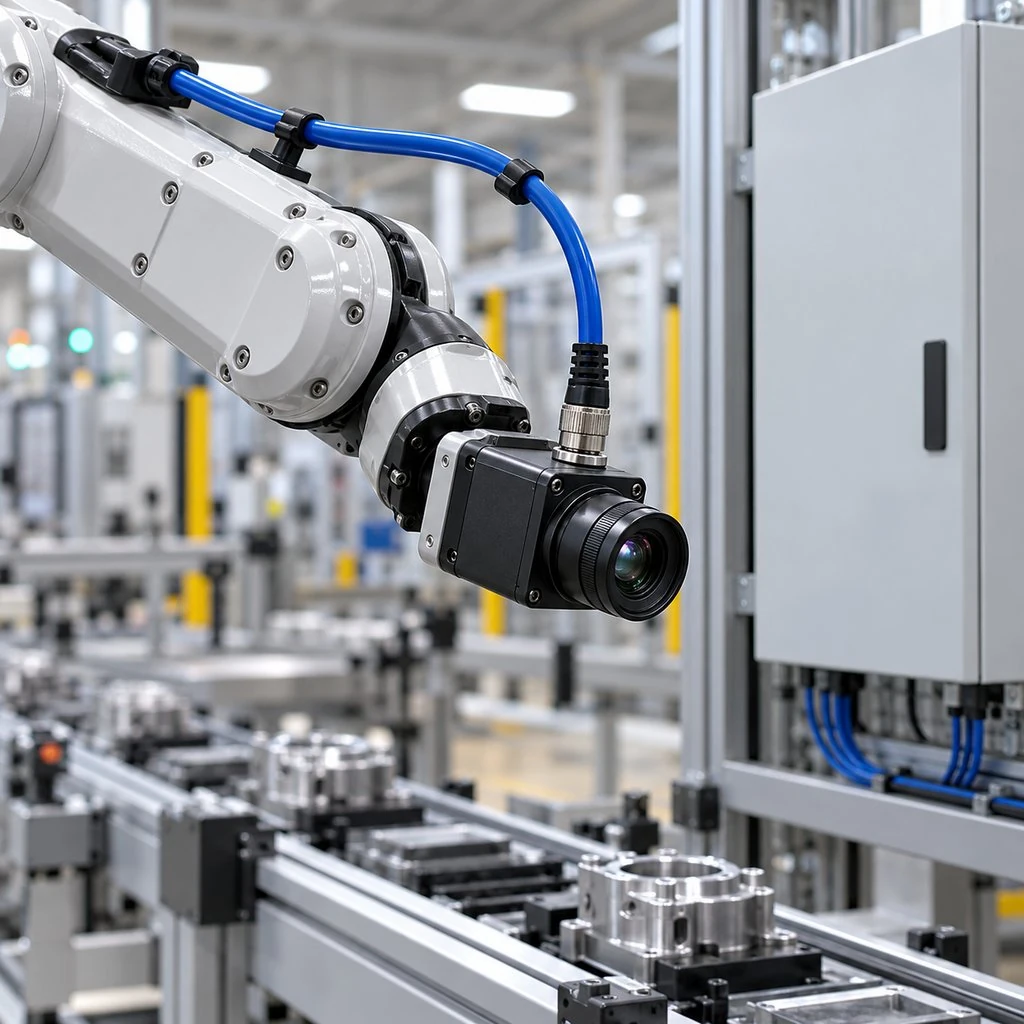 An industrial camera mounted on a moving robot arm with its shielded data cable routed in a service loop along the arm toward the vision controller cabinet