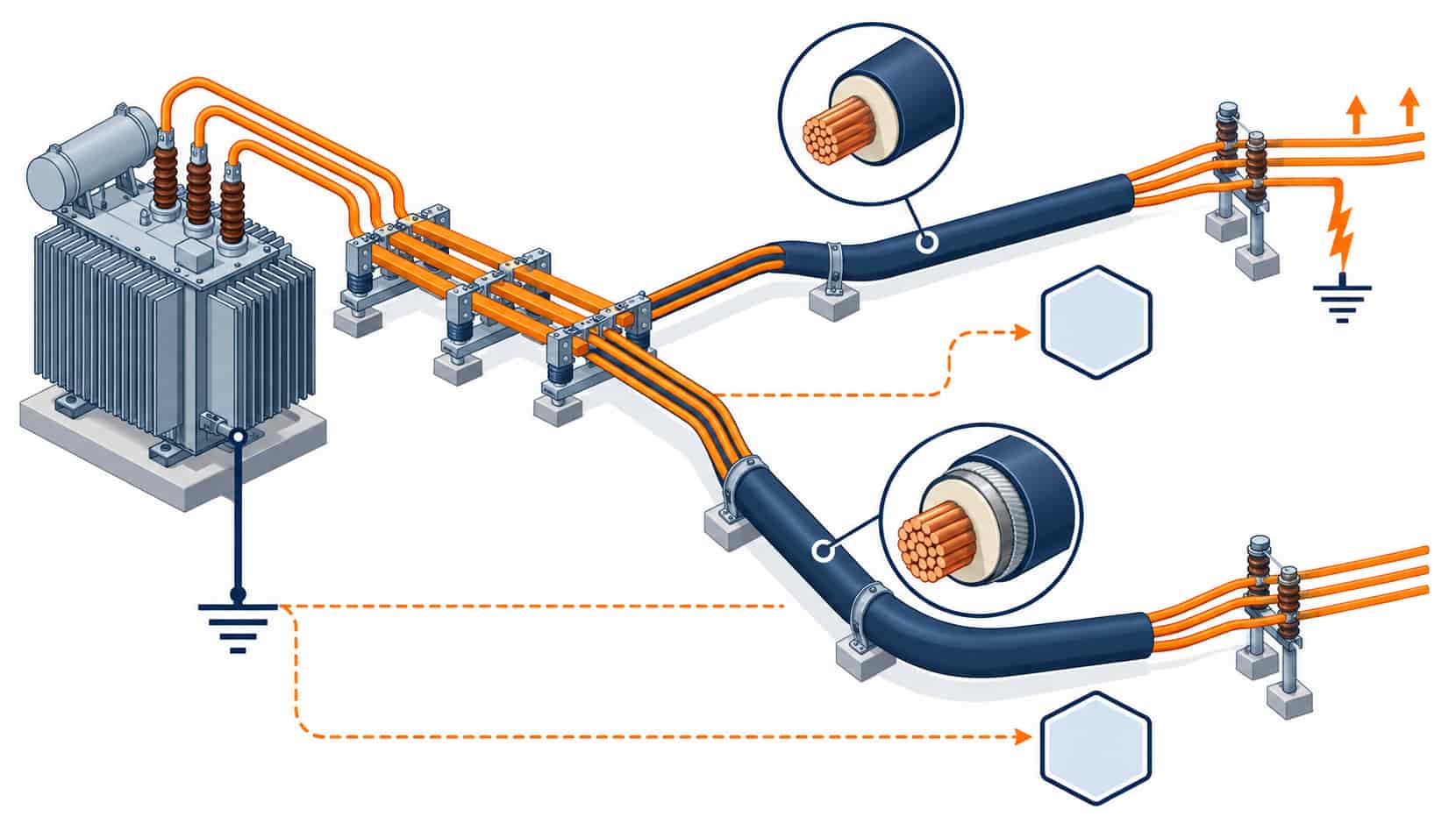 Isometric illustration of a network single line from transformer through earthing point to cable classes matched to regime