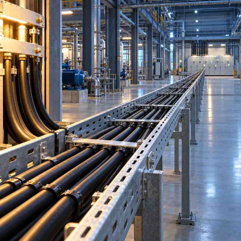 Long cable tray run stretching toward a distant load with a voltage gradient visualization along its length