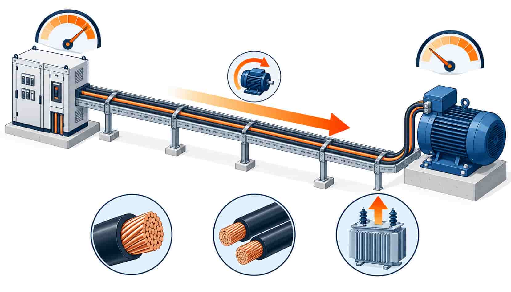Isometric illustration of a source feeding a distant load through a cable with a sagging voltage gauge along the run