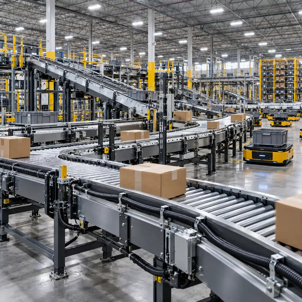 A vast fulfillment center with sortation conveyors and robotic shuttles, flexible cable routed along the machine frames between the modules