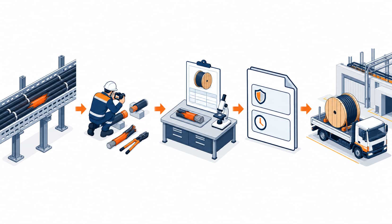 Isometric illustration of the warranty claim chain from a failing cable section through drum identification and test evidence to replacement delivery
