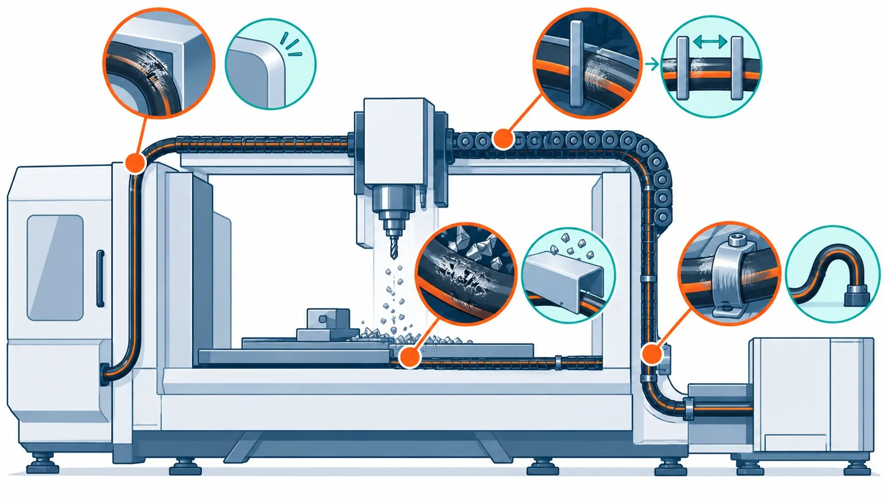 Flat infographic of a machine harness with wear points marked at edges, dividers, chip paths and pinch zones with defense icons