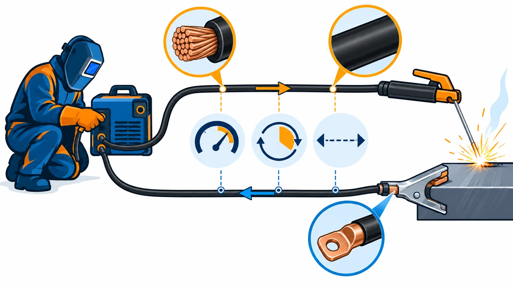 Flat infographic of a welding circuit: the welder at one end, the electrode lead out to the holder and the earth return back through the clamp, with the sizing inputs of current, duty cycle and lead length marked on the loop