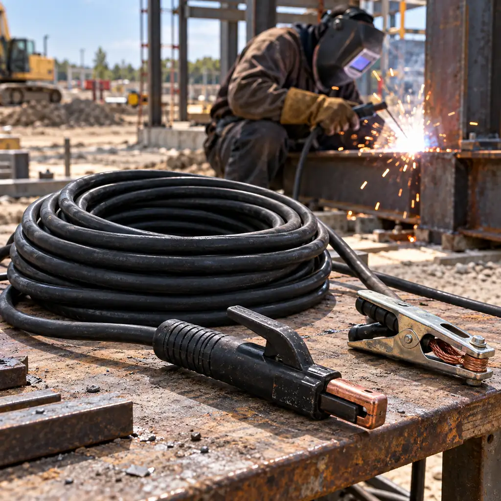 A coil of heavy black welding cable on a construction workbench beside an electrode holder and earth clamp, a welder working with sparks in the background, coarse ground surface, daylight, no readable text, no labels