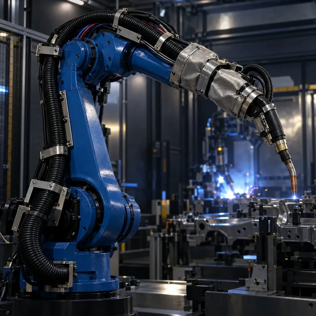 A six-axis welding robot in a cell with its dress pack of protected cables visible along the arm, spatter shields at the wrist and the torch package at the tool center point