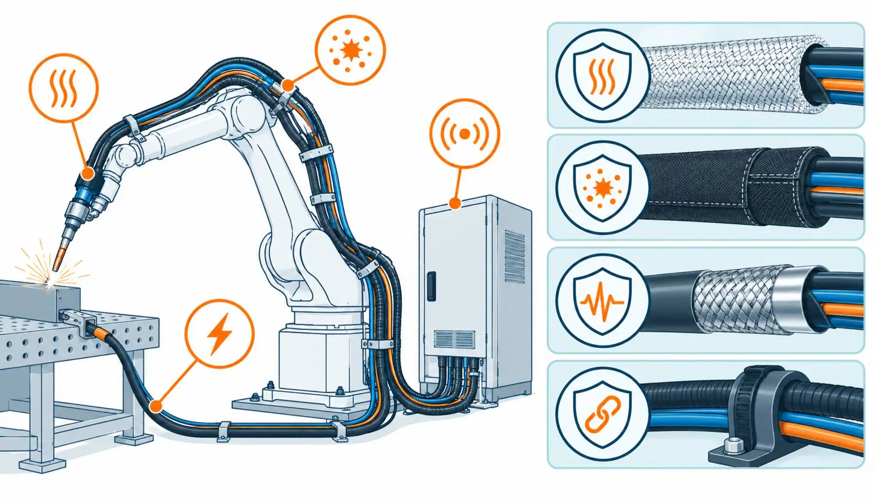 Flat infographic of a welding robot arm divided into zones for torch, dress pack, work return and controller beside a hazard icon panel