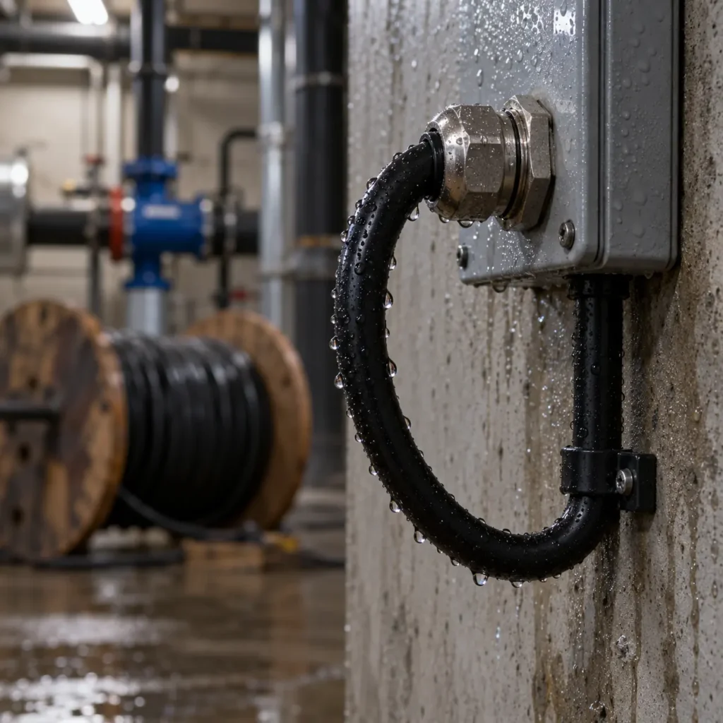 A sealed cable gland on a damp plant-room wall with condensation beading along the sheath and a drip loop in the run below, a cable drum blurred behind, no readable text, no labels