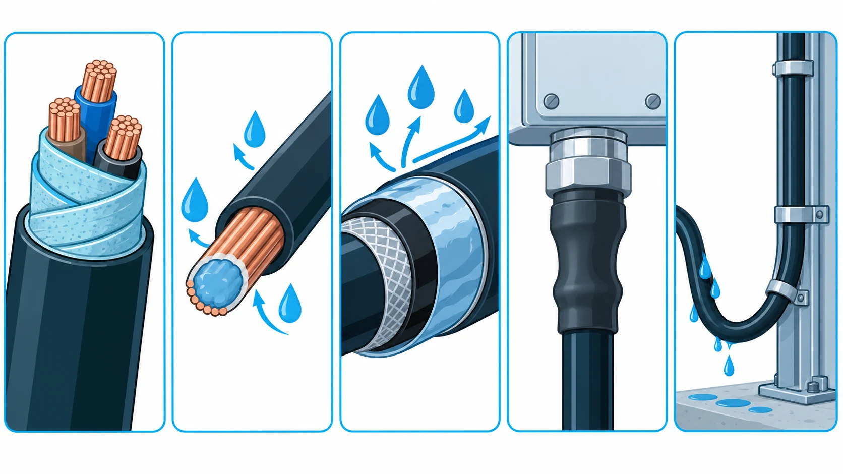 Flat infographic of the five paths moisture uses to enter a site cable: through the sheath, along the cores, through the conductor, at the gland and through an uncapped drum end