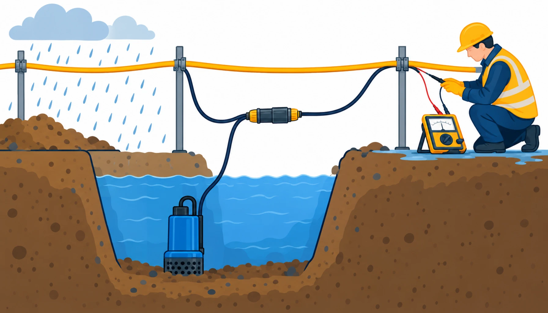 Flat infographic of a flooded site cable plan: the overhead backbone above the water line, a dewatering pump supply with submersible cable, sealed connections with drip loops, and an insulation test meter reading a circuit