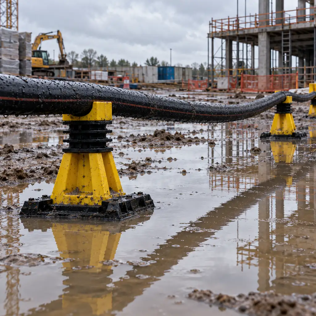 Heavy rubber cable on insulated supports above standing water on a construction site after heavy rain, reflections on the puddles, overcast daylight, no readable text, no labels