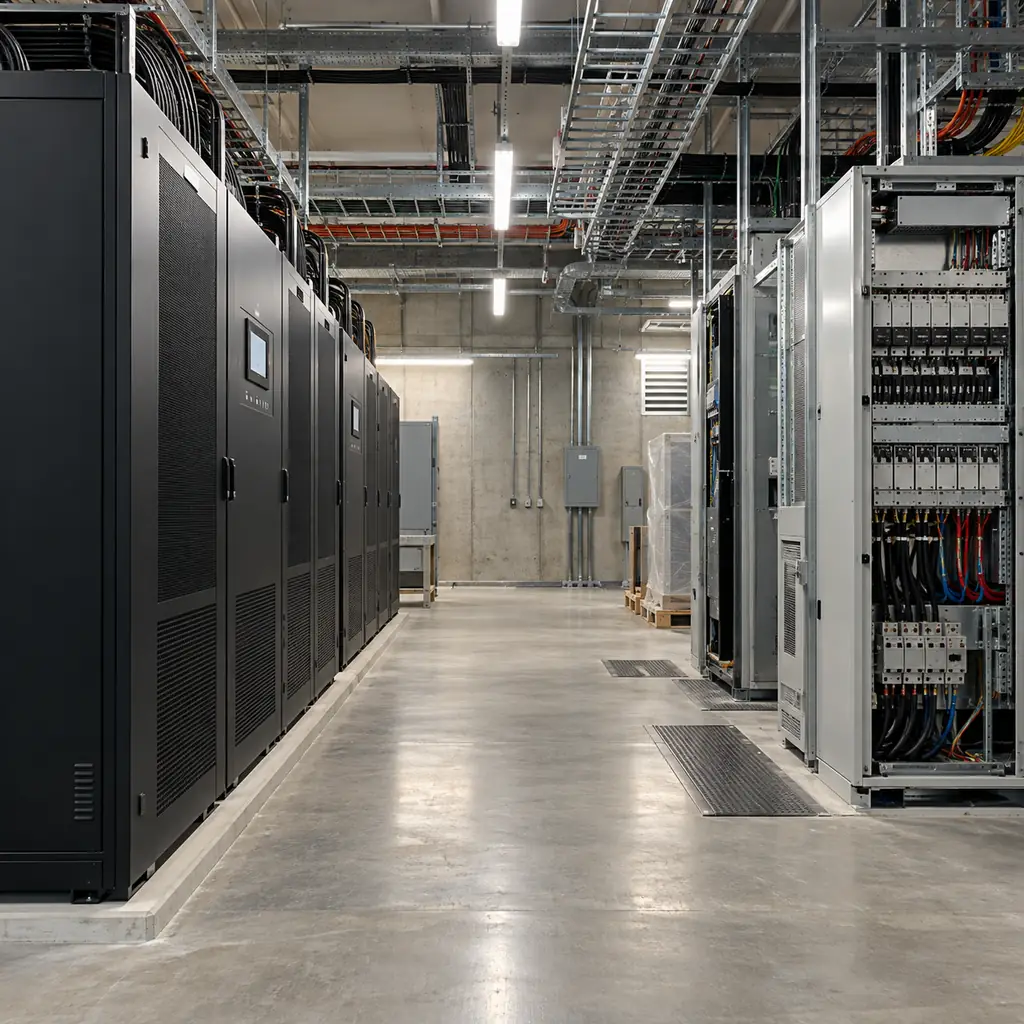 An electrical room with an AC UPS lineup on one side and a DC rectifier cabinet under installation on the other, showing two power architectures side by side