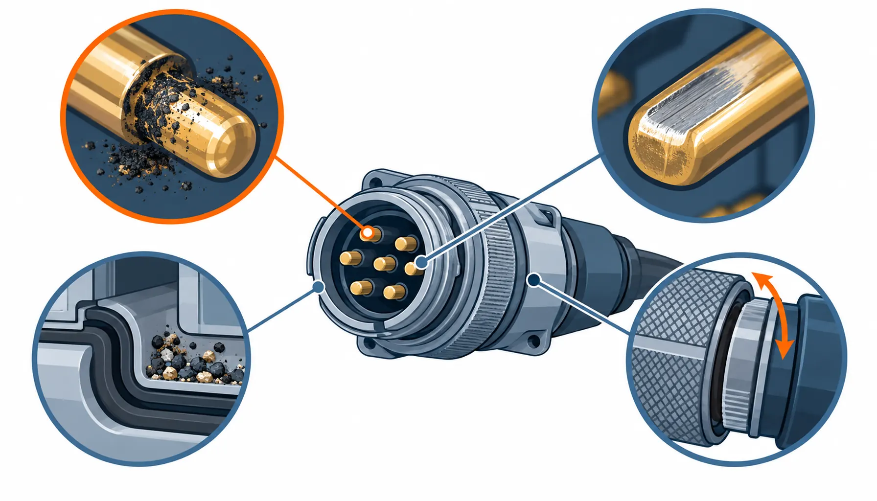 Flat infographic comparing five connector failure causes in robotics: fretting corrosion, mechanical wear, contamination ingress, thermal and current ageing, and coupling loosening with external load, each shown with its visible signature