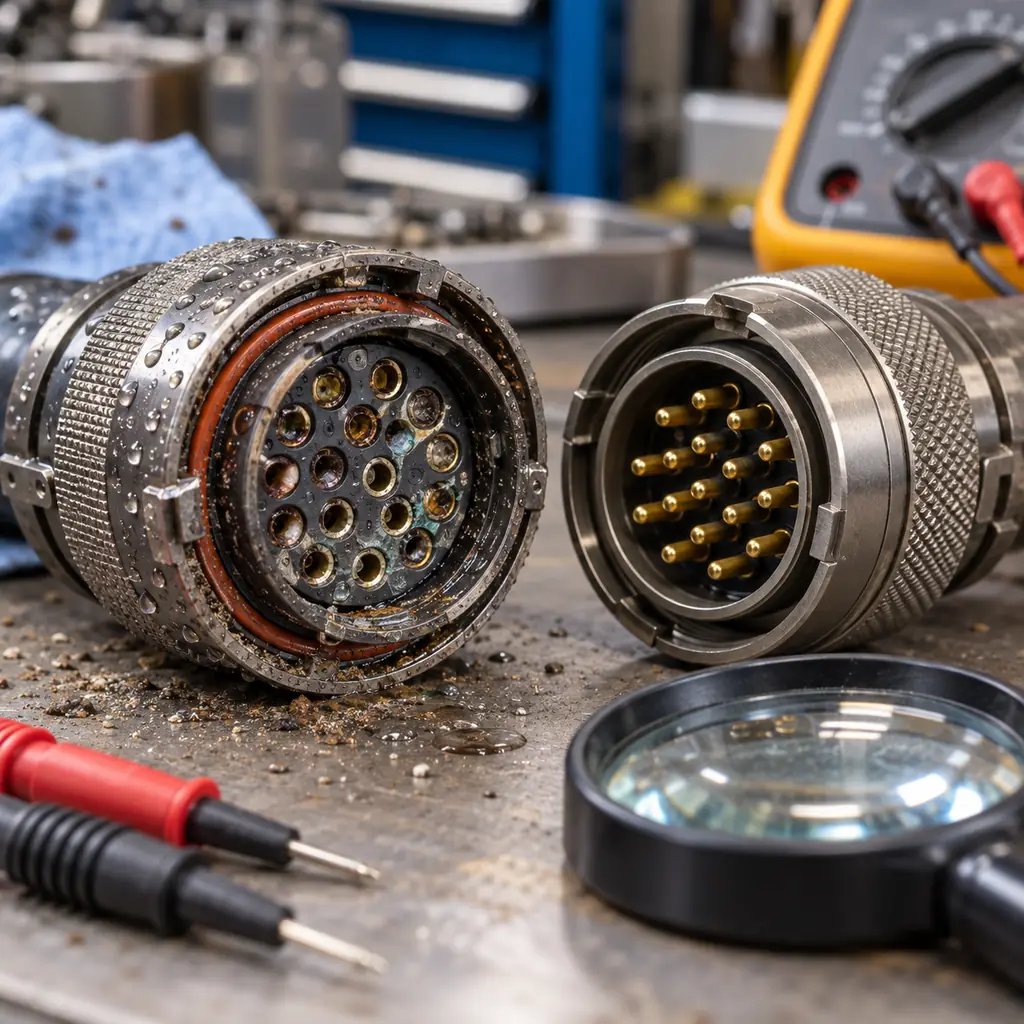 A failed circular connector opened on a bench with discoloured contacts and a fretted plating pattern visible, dust at the seal and a good connector beside it for comparison, a magnifier and a continuity meter nearby, workshop lighting, no readable text, no labels