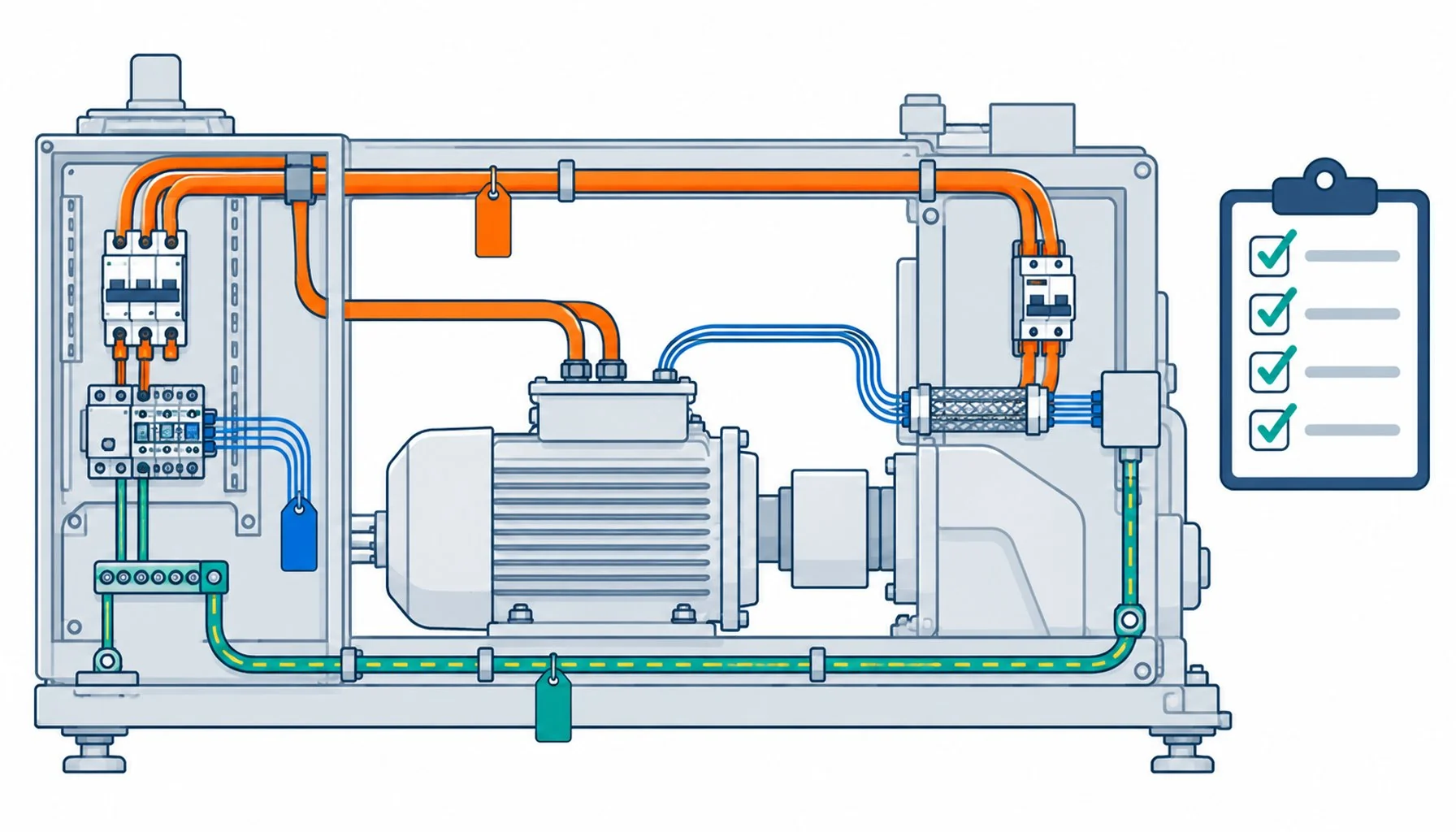 Flat infographic of a machine divided into power, control and bonding paths with verification check icons