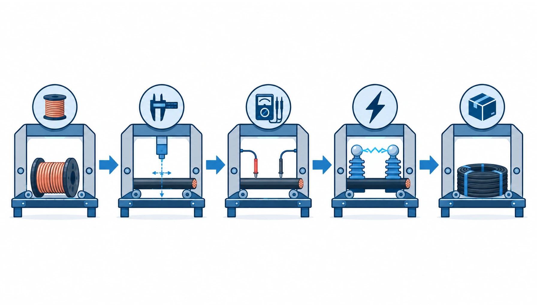 Flat infographic of cable factory hold points, conductor check, in-process dimensions, routine electrical tests and final packing, each one gating the next