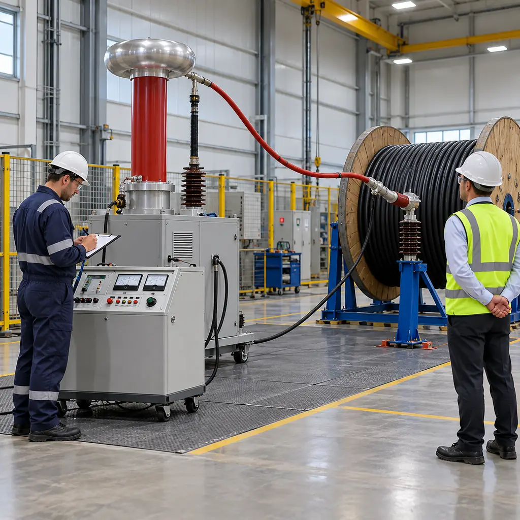 A cable factory test bay with a high-voltage test set connected to a drum, a technician recording readings on a clipboard and an inspector watching from the side, no readable text, no labels