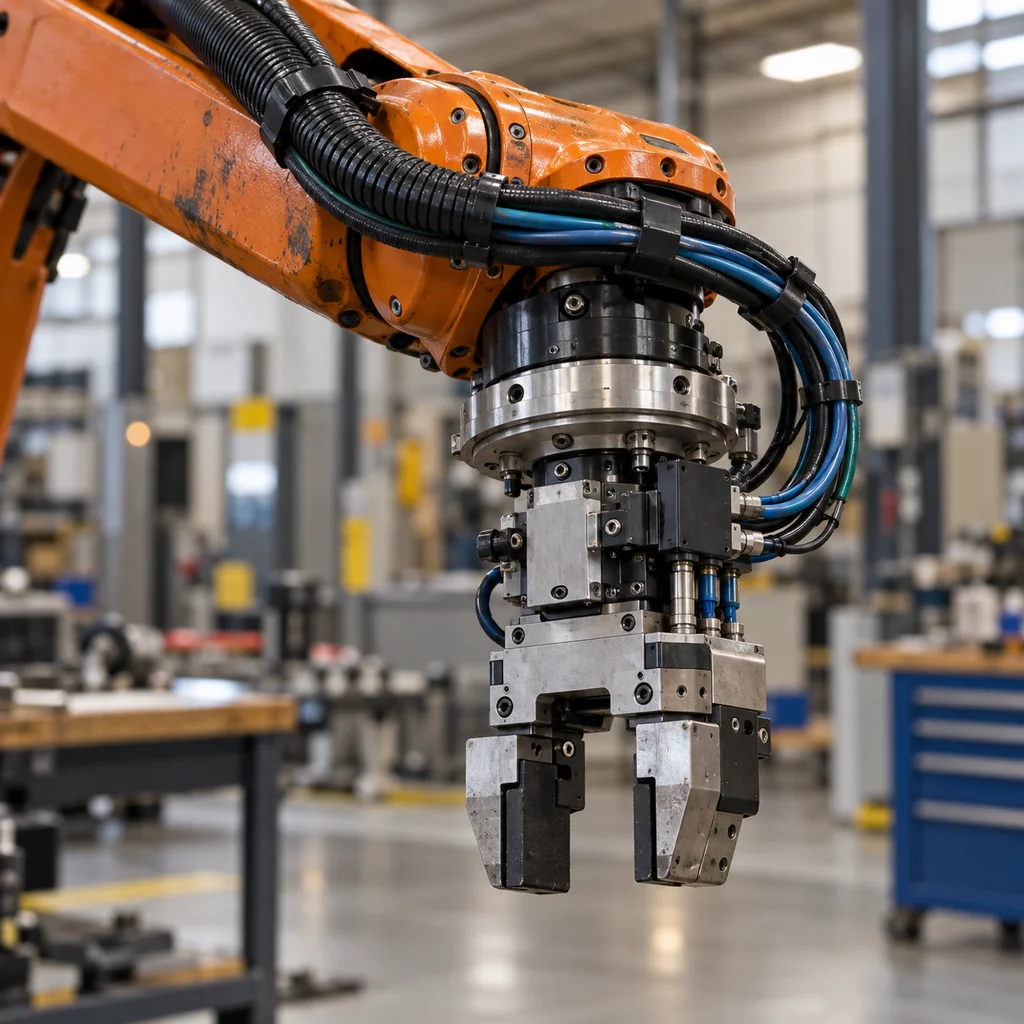Photorealistic scene: a robot wrist and end effector with a cable bundle running from the wrist down to a gripper, a service loop at the flange, a tool changer interface, wear marks on the jacket at the pivot, workshop lighting, no readable text, no labels