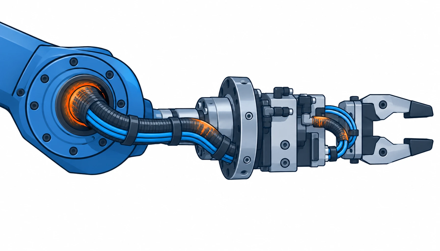Flat infographic comparing five cable zones from the robot wrist out to the end effector: inside the wrist joint, the wrist to flange section, the flange to tool changer section, inside the tool body and the end sensor and vacuum line section