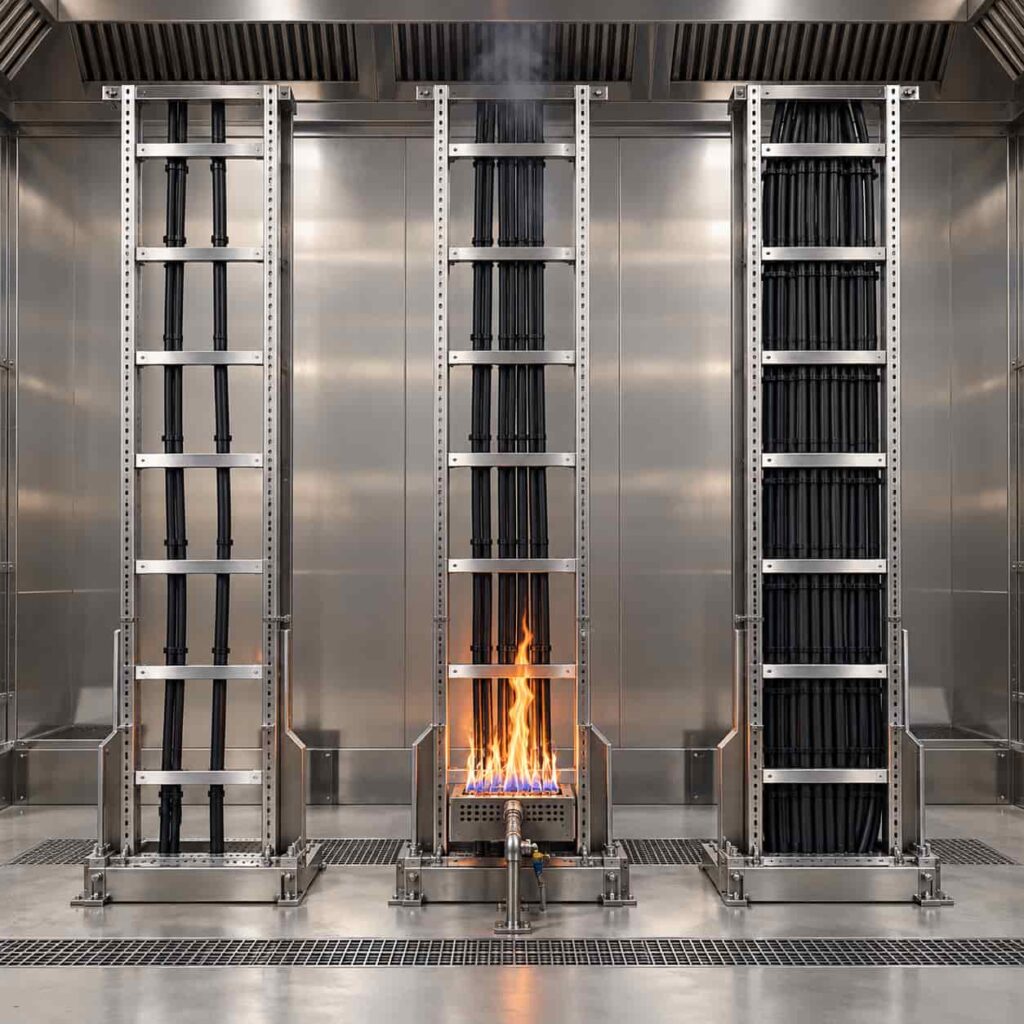 Vertical cable tray ladder test setup with bundled cable samples of increasing density under a controlled flame source