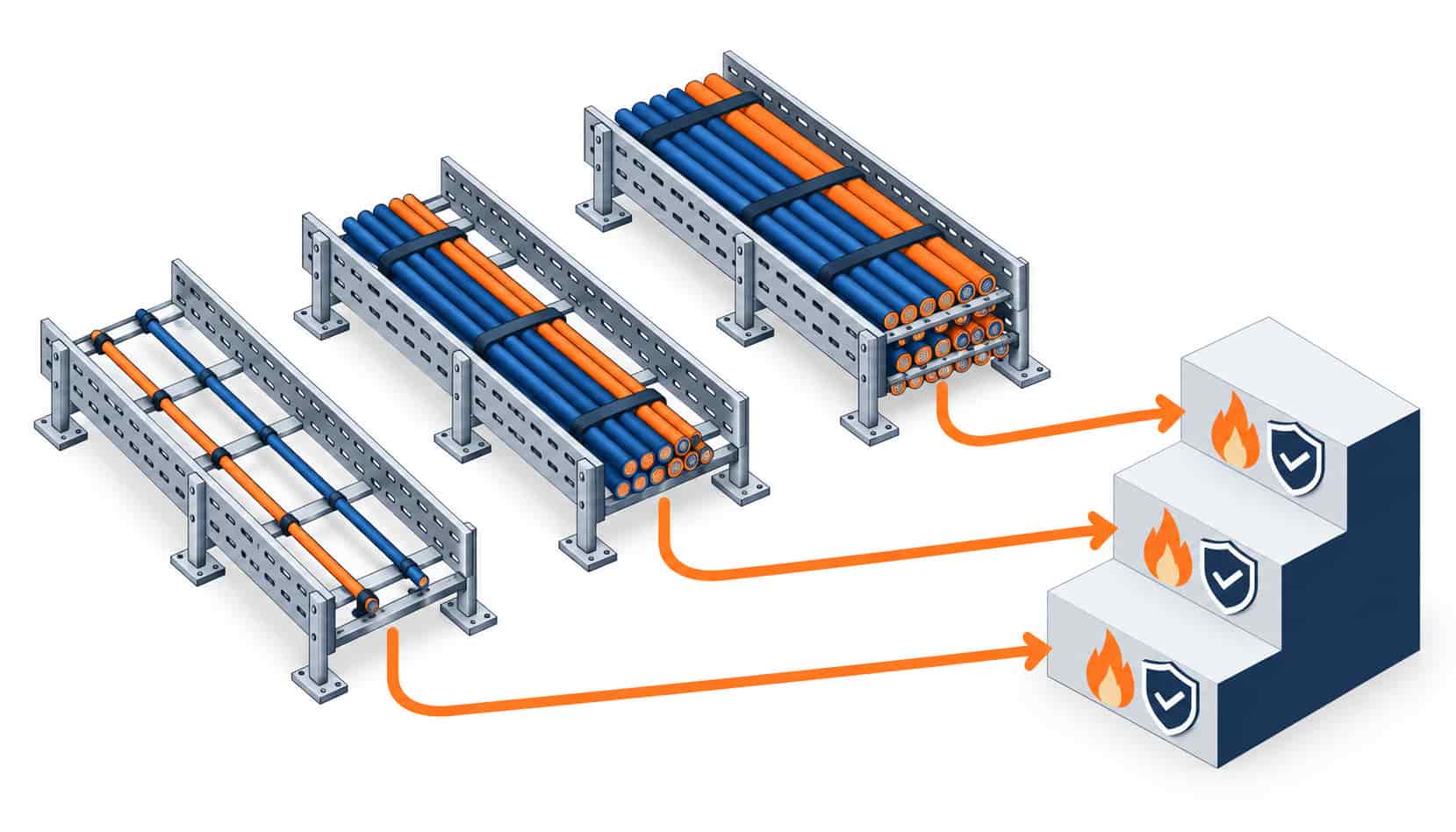 Isometric illustration of tray density from sparse to dense matched against three flame spread grade rungs