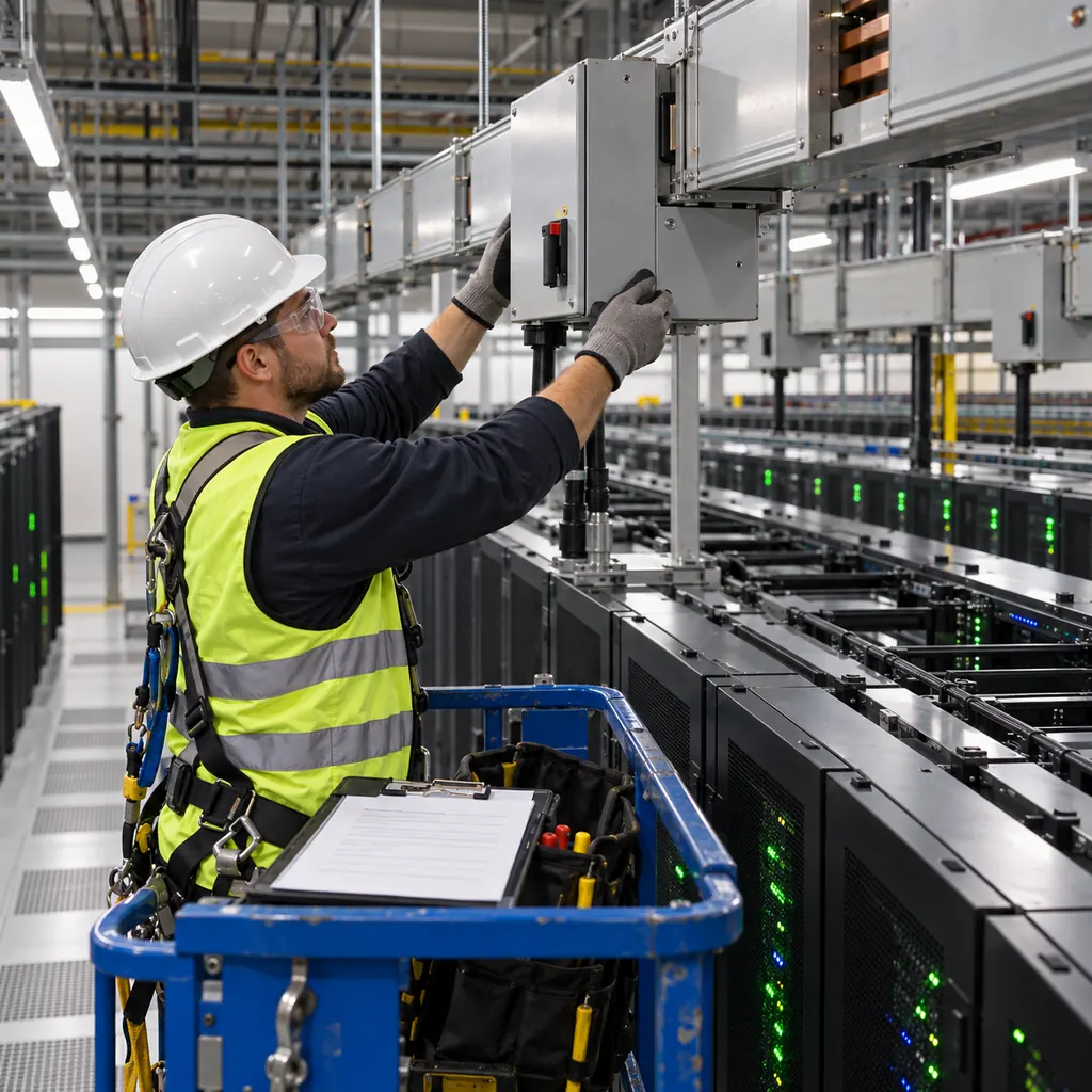 An electrical engineer installing a busway tap-off box on a live busway run above a row of data center racks, with an adjacent live row visible and a permit document on a clipboard nearby