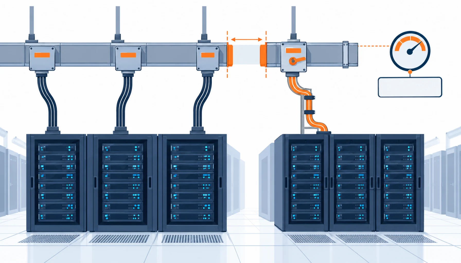 Flat infographic comparing four power tie-in points for expanding a live data center hall: a spare way in an existing board, an isolating tap-off on a live busway, a new board from a spare upstream compartment and a live busbar connection