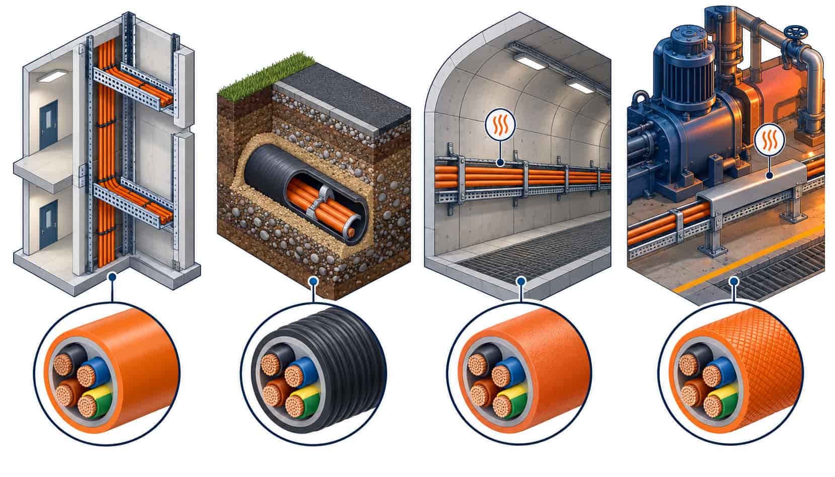Isometric illustration of four environment stations — building, buried route, tunnel, industrial heat — each matched to its sheath material