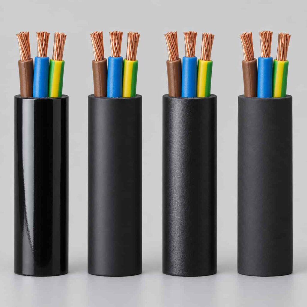 Four cable samples side by side with PVC, polyethylene, XLPE and LSZH outer sheaths showing surface texture differences